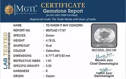 White Zircon - 4.79 Carats (Jarkan - 5.22 Ratti)