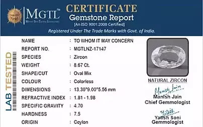 White Zircon - 8.67 Carats (Jarkan - 9.45 Ratti)