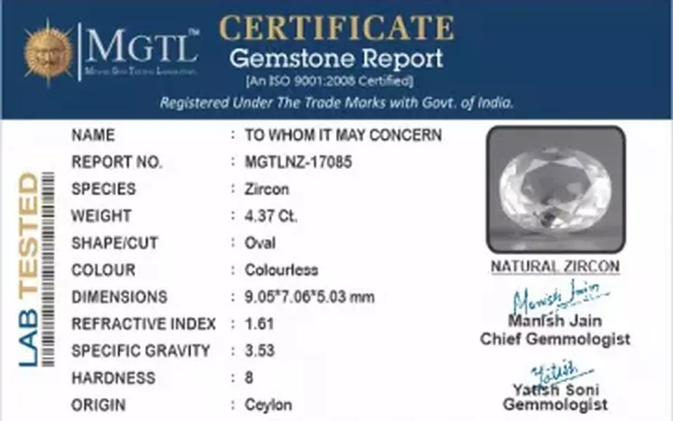 White Zircon - 4.37 Carats (Jarkan - 4.76 Ratti)