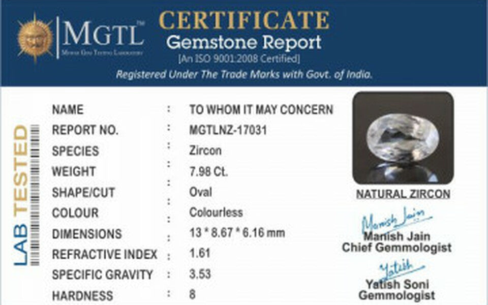 White Zircon - 8.70 Carats (Jarkan - 8.70 Ratti)