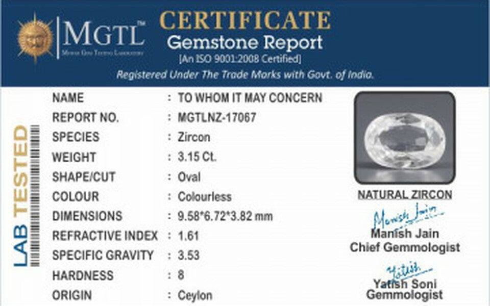 White Zircon - 3.15 Carats (Jarkan - 3.43 Ratti)