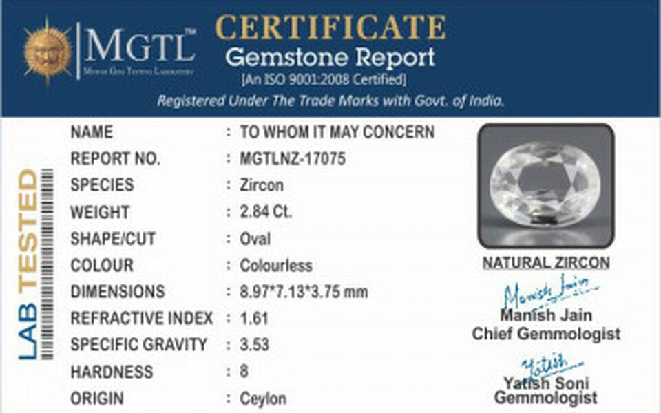 White Zircon - 2.84 Carats (Jarkan - 3.10 Ratti)