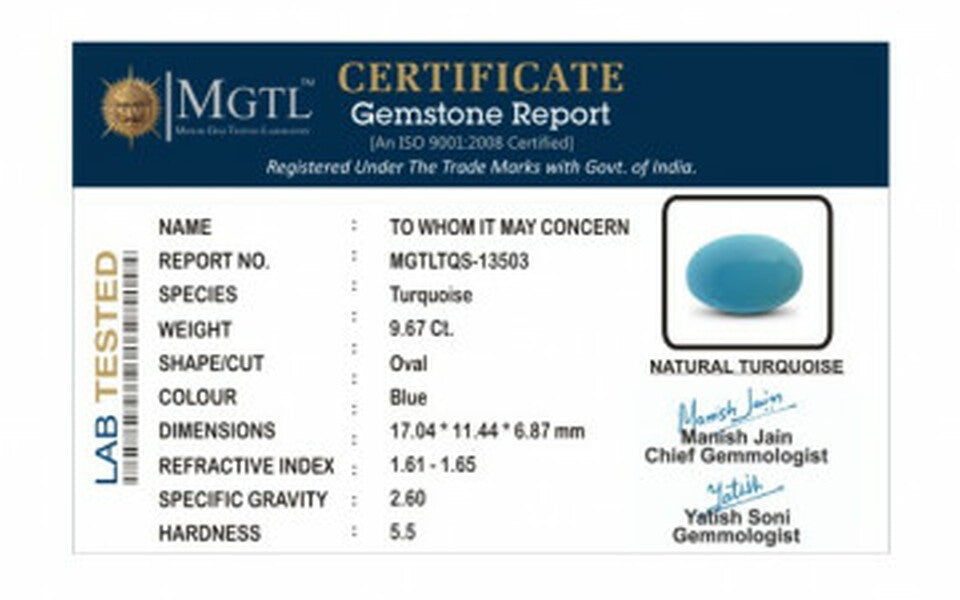 Turquoise - 9.67 Carats ( Firoza - 10.54 Ratti )