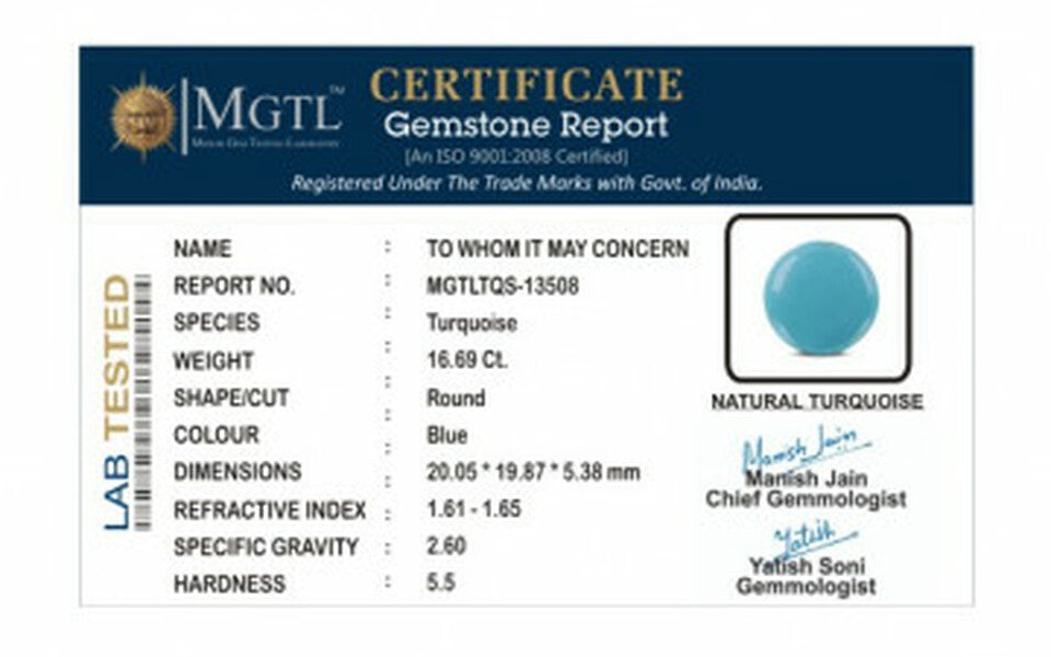 Turquoise - 16.69 Carats ( Firoza - 18.19 Ratti )