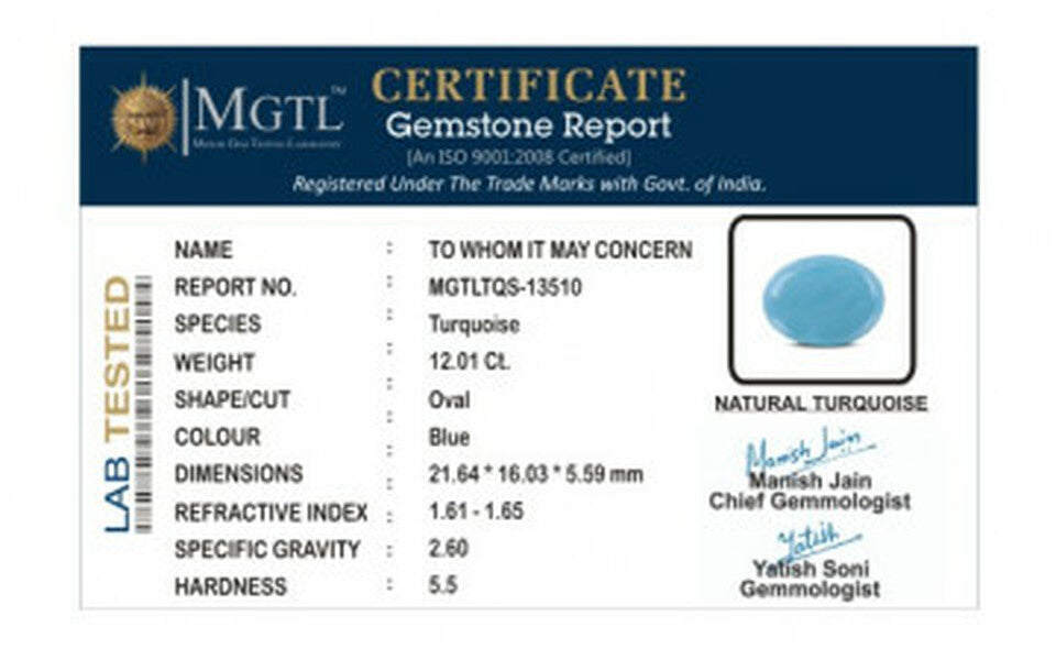 Turquoise - 12.01 Carats ( Firoza - 13.09 Ratti )