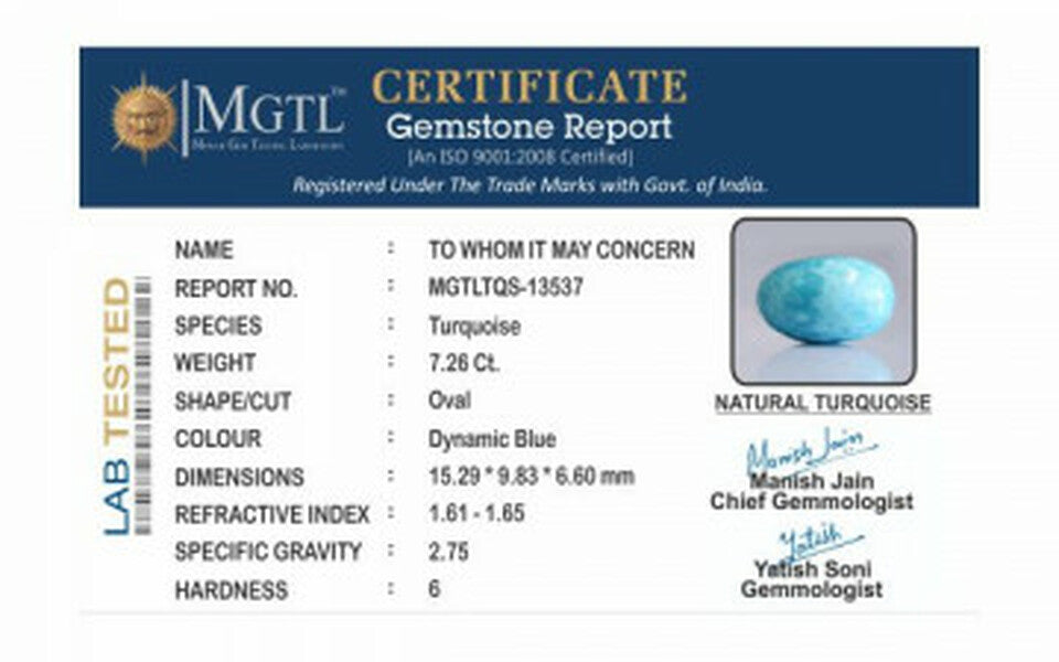 Turquoise - 7.26 Carats ( Firoza - 7.91 Ratti )
