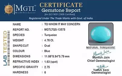 Turquoise - 4.76 Carats ( Firoza - 5.19 Ratti )