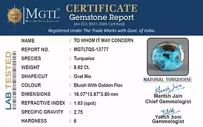 Turquoise - 8.62 Carats ( Firoza - 9.40 Ratti )