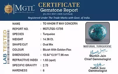 Turquoise - 14.36 Carats ( Firoza - 15.65 Ratti )