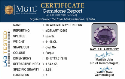 Amethyst - 11.46 Carats (Jamunia - 12.49 Ratti)