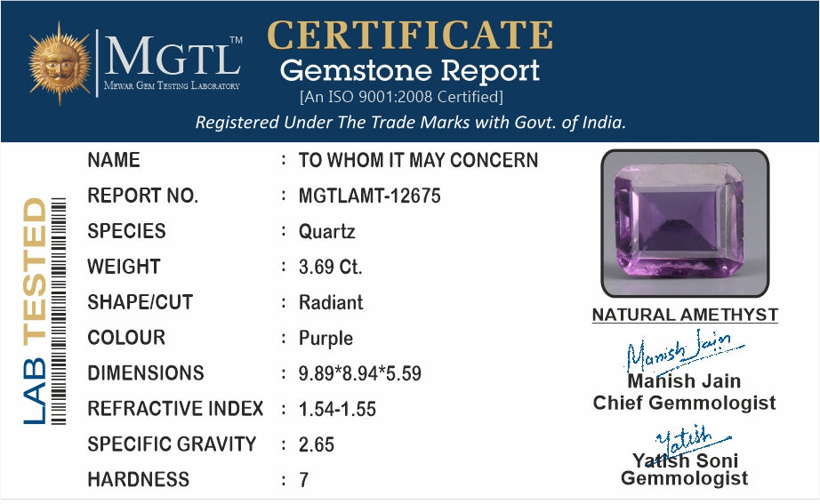 Amethyst - 3.69 Carats (Jamunia - 4.02 Ratti)
