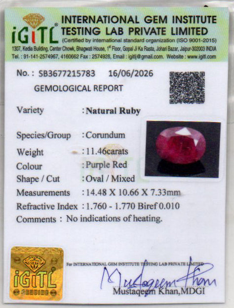 Ruby (Manik) Gemstone - 11.46 Carats