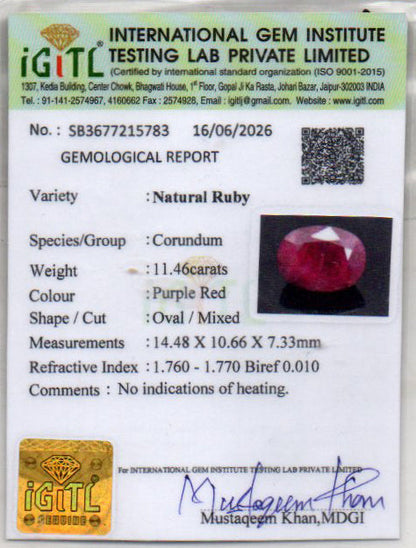 Ruby (Manik) Gemstone - 11.46 Carats