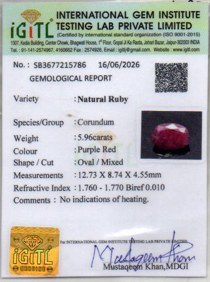 Ruby (Manik) Gemstone - 5.96 Carats