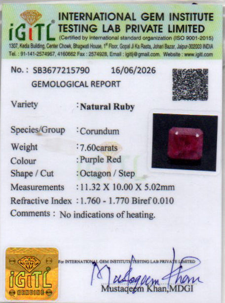 Ruby (Manik) Gemstone - 7.6 Carats