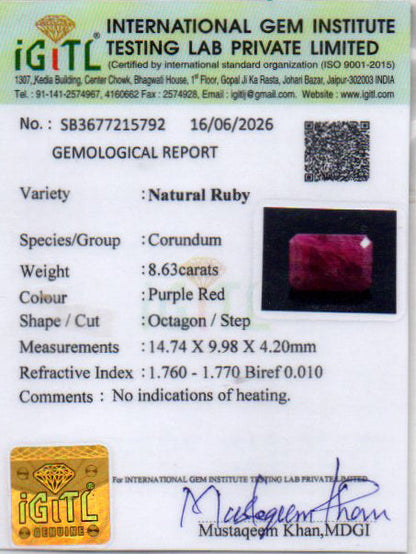 Ruby (Manik) Gemstone - 8.63 Carats