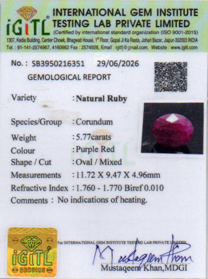 Ruby (Manik) Gemstone - 5.77 Carats