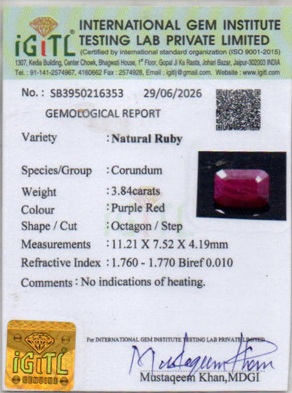 Ruby (Manik) Gemstone - 3.84 Carats