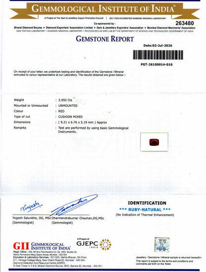 Ruby (Manik) Gemstone - 3.95 Carats