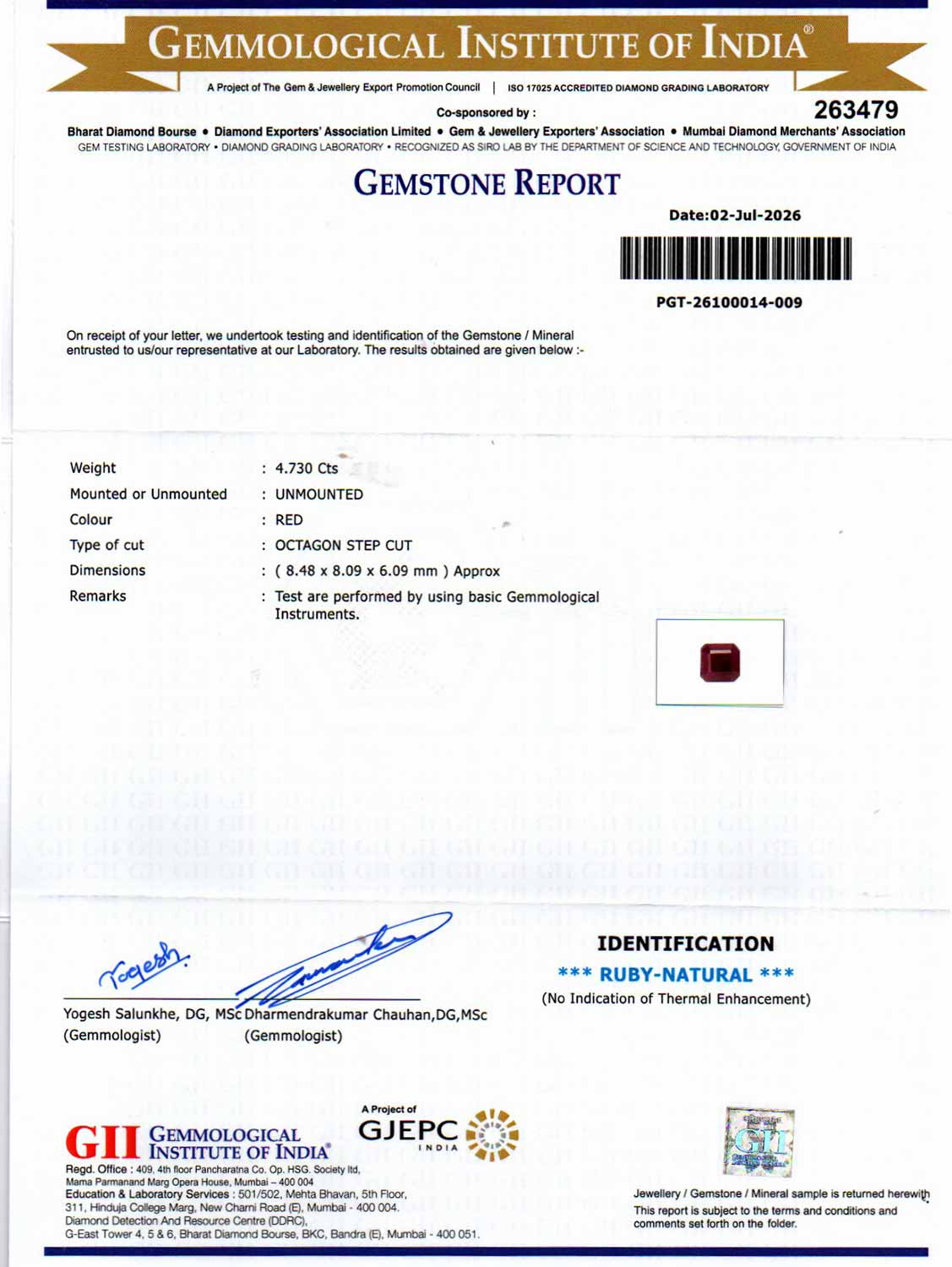 Ruby (Manik) Gemstone - 4.73 Carats