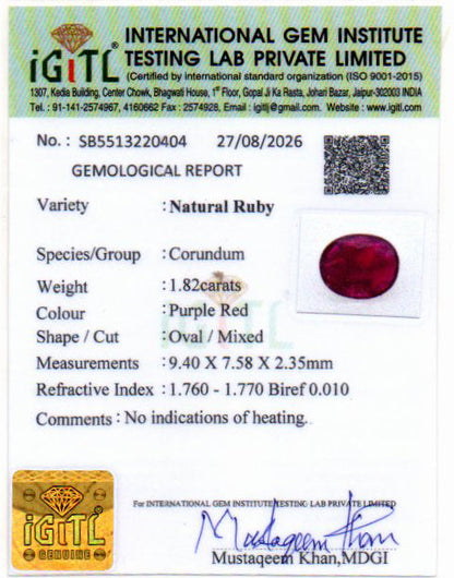 Ruby (Manik) Gemstone - 1.82 Carats