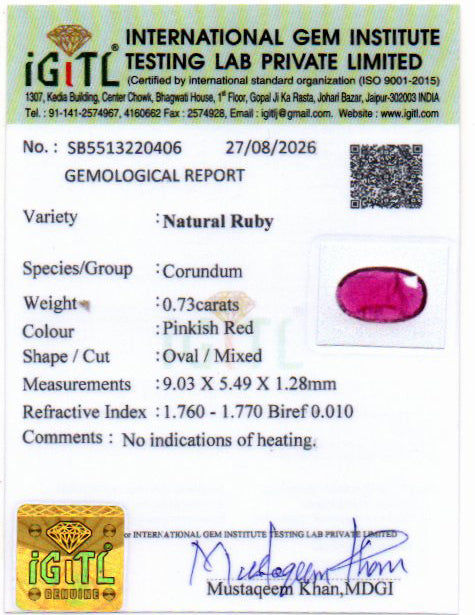 Ruby (Manik) Gemstone - 0.73 Carats