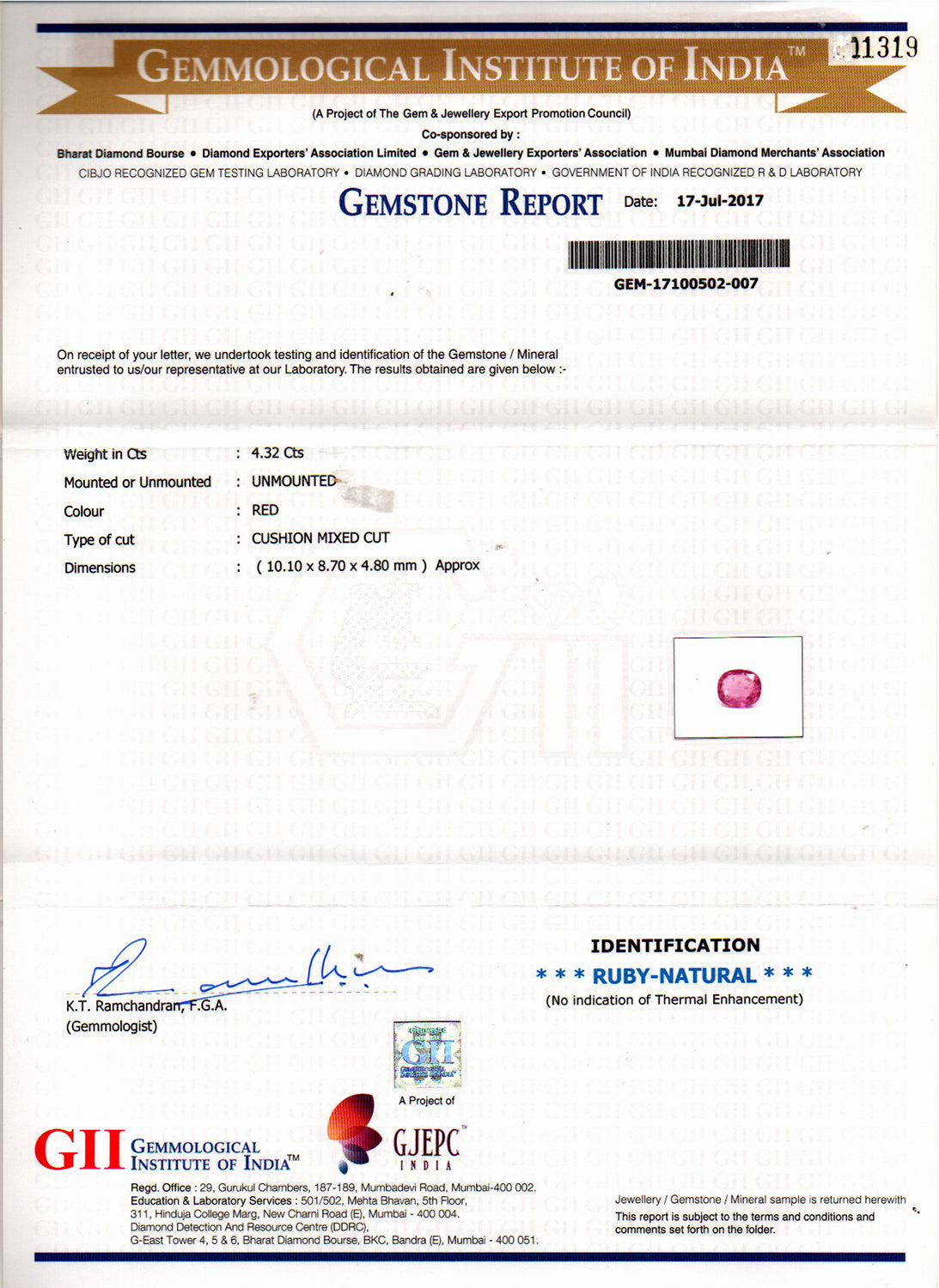Ruby (Manik) Gemstone - 4.32 Carats