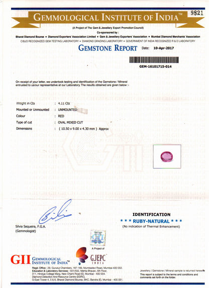 Ruby (Manik) Gemstone - 4.11 Carats