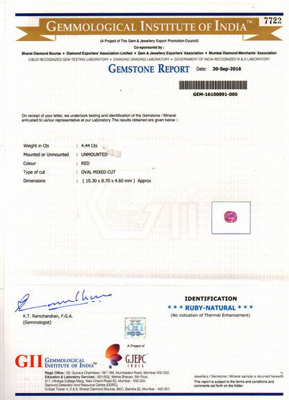 Ruby (Manik) Gemstone - 4.44 Carats