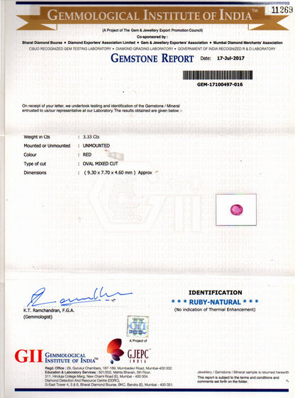 Ruby (Manik) Gemstone - 3.33 Carats
