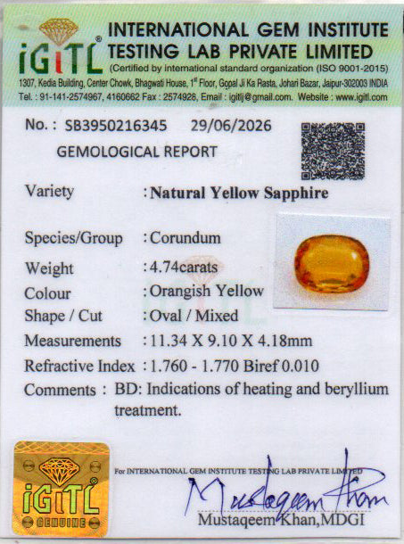 Yellow Sapphire (Pukhraj) Gemstone - 4.74 Carats