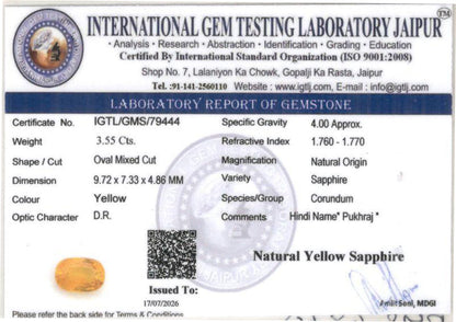 Yellow Sapphire (Pukhraj) Gemstone - 3.55 Carats