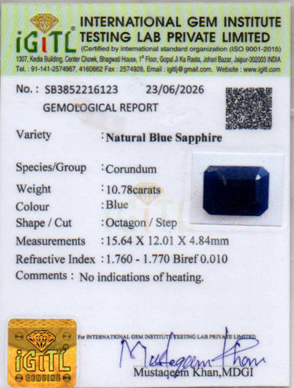Blue Sapphire (Neelam) Gemstone - 10.78 Carats