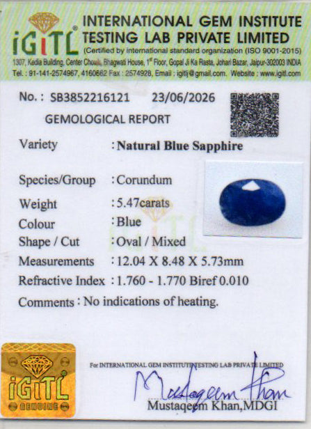 Blue Sapphire (Neelam) Gemstone - 5.47 Carats