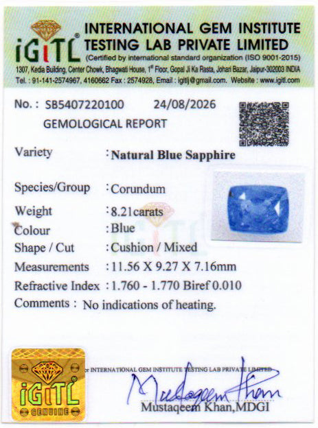 Blue Sapphire (Neelam) Gemstone - 8.21 Carats