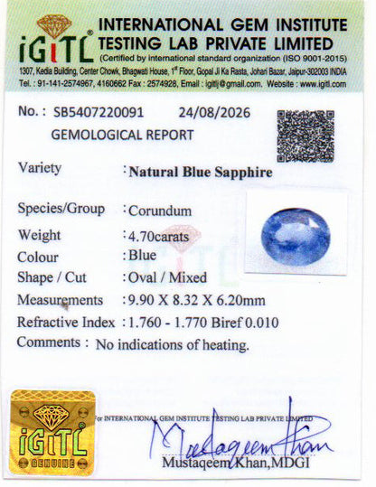 Blue Sapphire (Neelam) Gemstone - 4.70 Carats