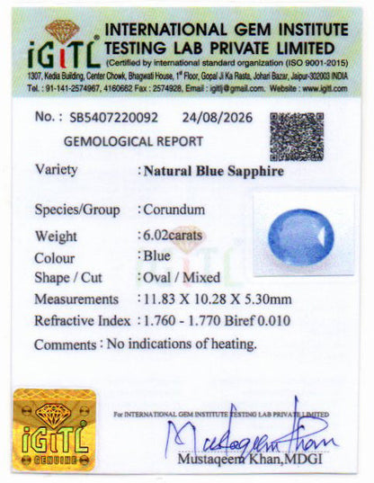 Blue Sapphire (Neelam) Gemstone - 6.02 Carats