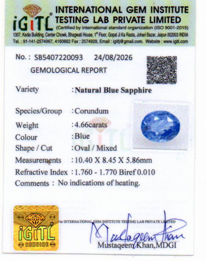 Blue Sapphire (Neelam) Gemstone - 4.66 Carats
