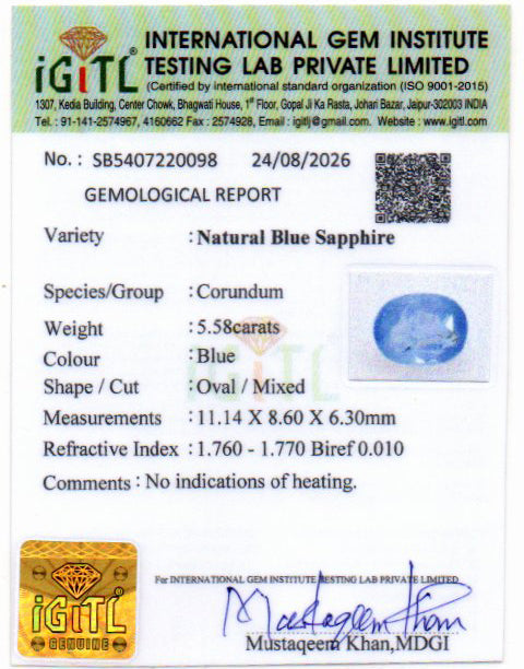 Blue Sapphire (Neelam) Gemstone - 5.58 Carats