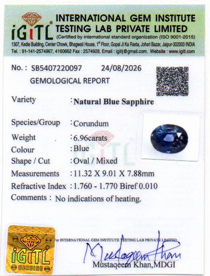 Blue Sapphire (Neelam) Gemstone - 6.96 Carats