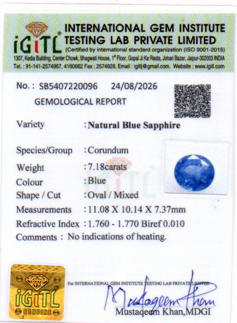 Blue Sapphire (Neelam) Gemstone - 7.18 Carats