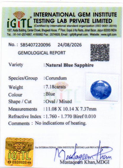 Blue Sapphire (Neelam) Gemstone - 7.18 Carats