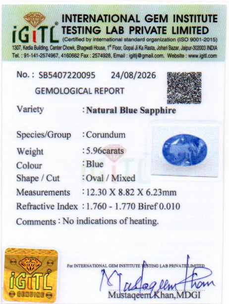 Blue Sapphire (Neelam) Gemstone - 5.96 Carats