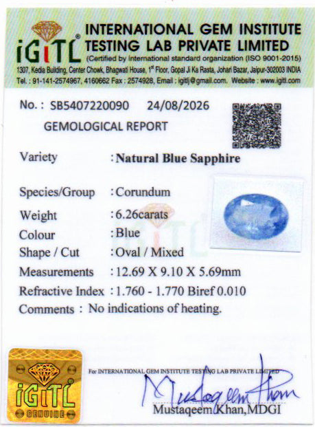 Blue Sapphire (Neelam) Gemstone - 6.26 Carats