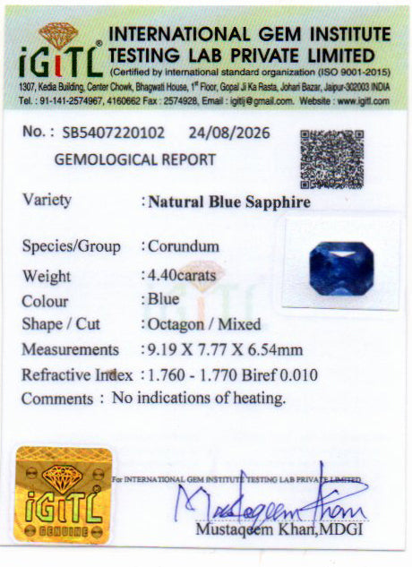 Blue Sapphire (Neelam) Gemstone - 4.40 Carats