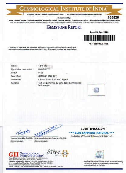 Blue Sapphire (Neelam) Gemstone - 4.54 Carats