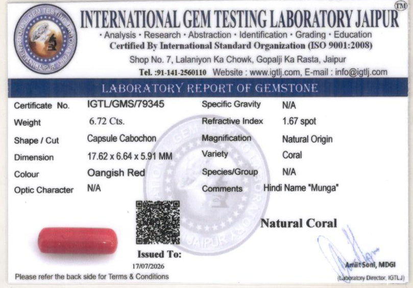 Red Coral (Moonga) Gemstone - 6.72 Carats