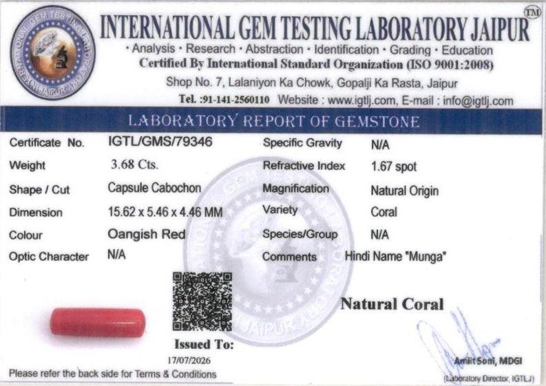 Red Coral (Moonga) Gemstone - 3.68 Carats