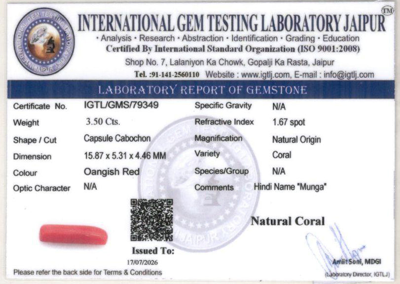 Red Coral (Moonga) Gemstone - 3.50 Carats