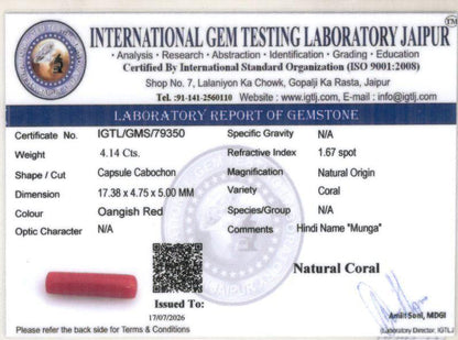 Red Coral (Moonga) Gemstone - 4.14 Carats